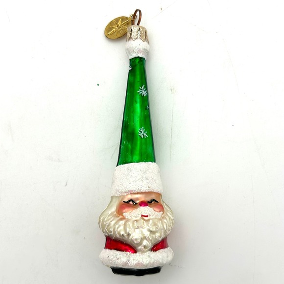 Radko 4.5" Blown Glass Smiling Santa Christmas Ornament Long Green Cone Hat - Picture 1 of 6